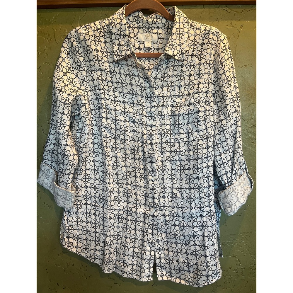 Charter‎ Club Luxury Linen Preppy Womens Medium White Navy Geometric Minimalist